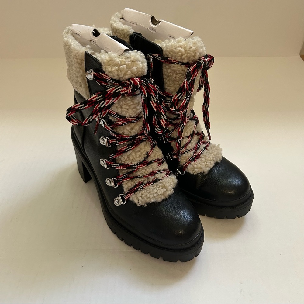 Women's Black and Cream Lace-Up Boots